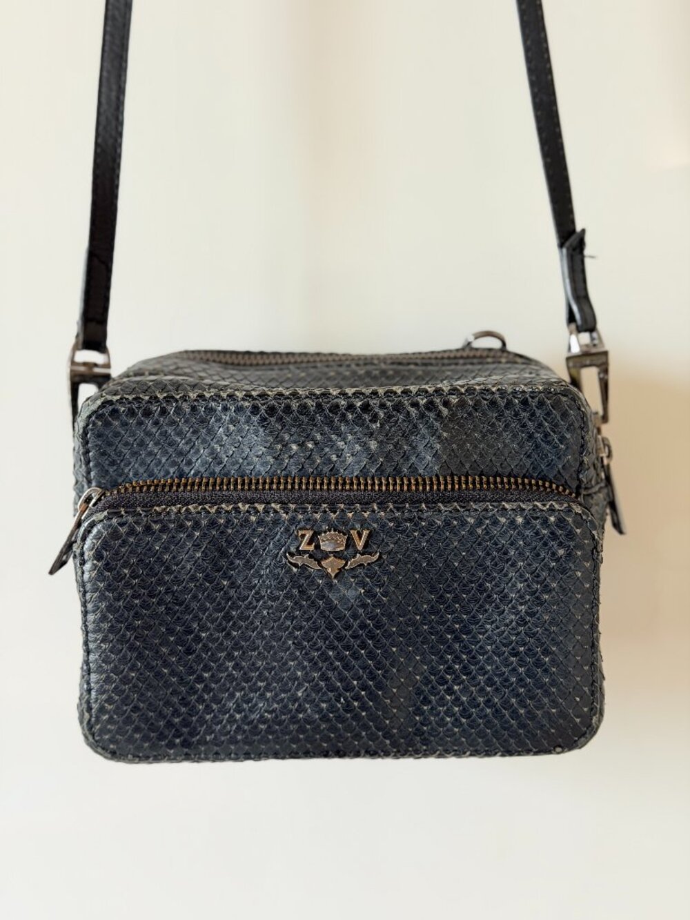 Zadig Voltaire Black Snake Embossed Leather Crossbody Bag Double Zip Womens